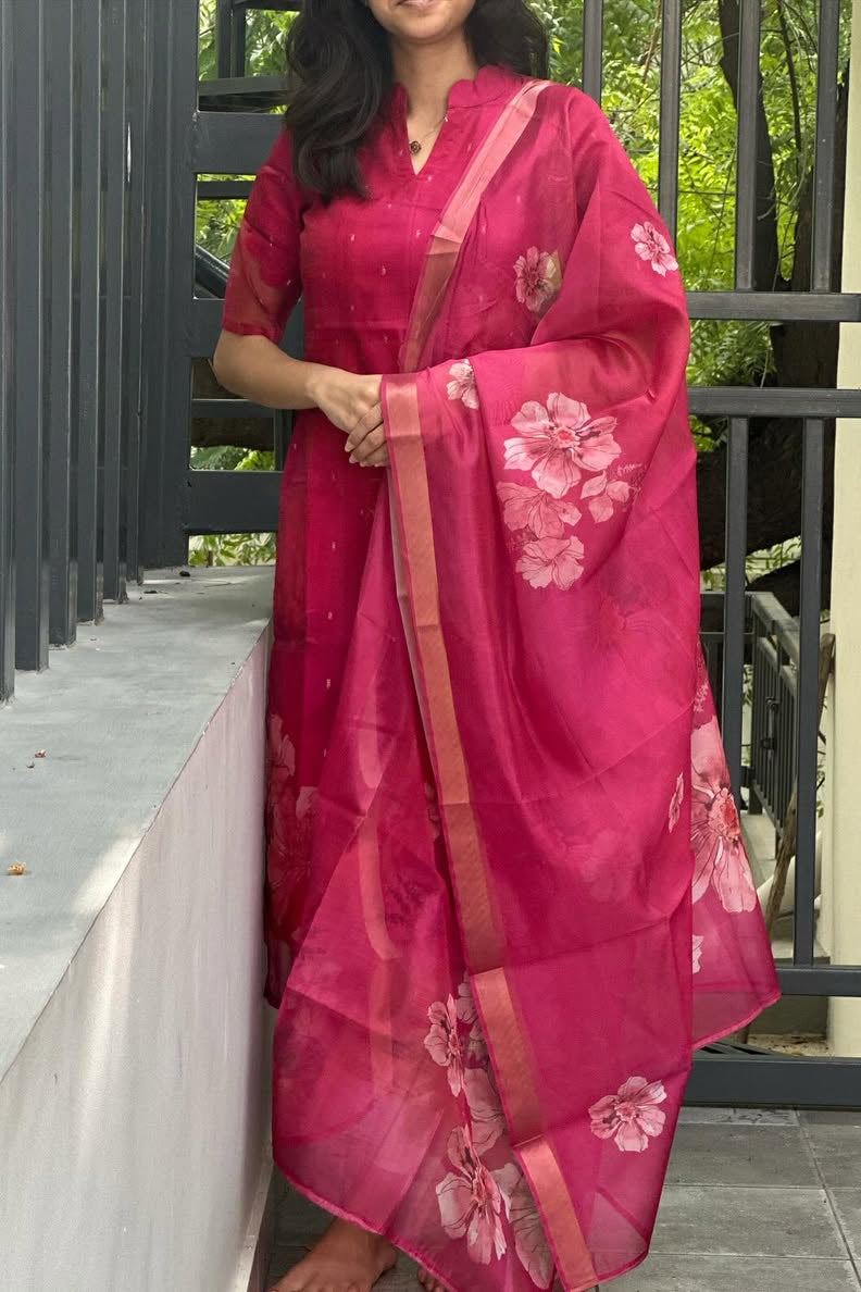 Rani Pink Organza Kurti With Dupatta
