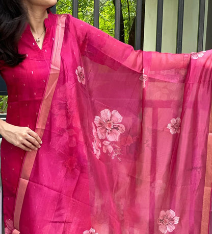 Rani Pink Organza Kurti With Dupatta