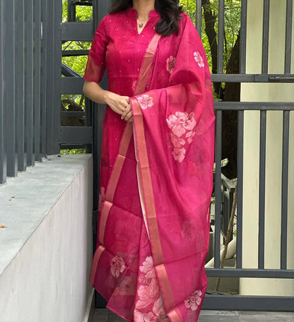 Rani Pink Organza Kurti With Dupatta