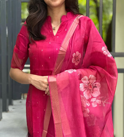 Rani Pink Organza Kurti With Dupatta