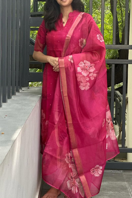 Rani Pink Organza Kurti With Dupatta