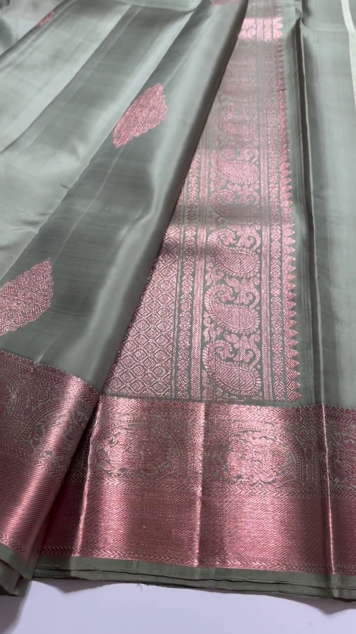 Sag Green Kanchipuram silk copper zari saree
