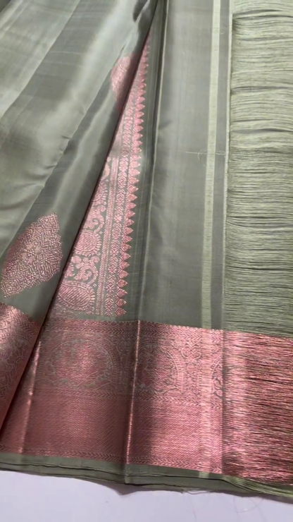 Sag Green Kanchipuram silk copper zari saree