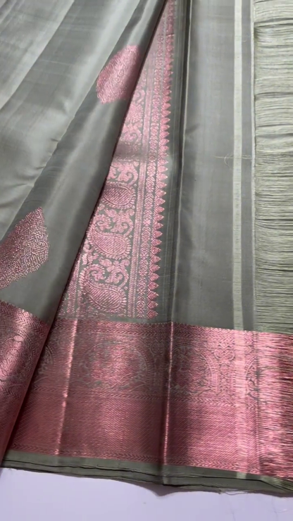 Sag Green Kanchipuram silk copper zari saree